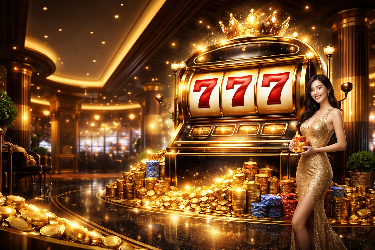 Hình ảnh game nổ hũ tại Lucky 8 Login với những đồng xu vàng và máy quay hũ lấp lánh